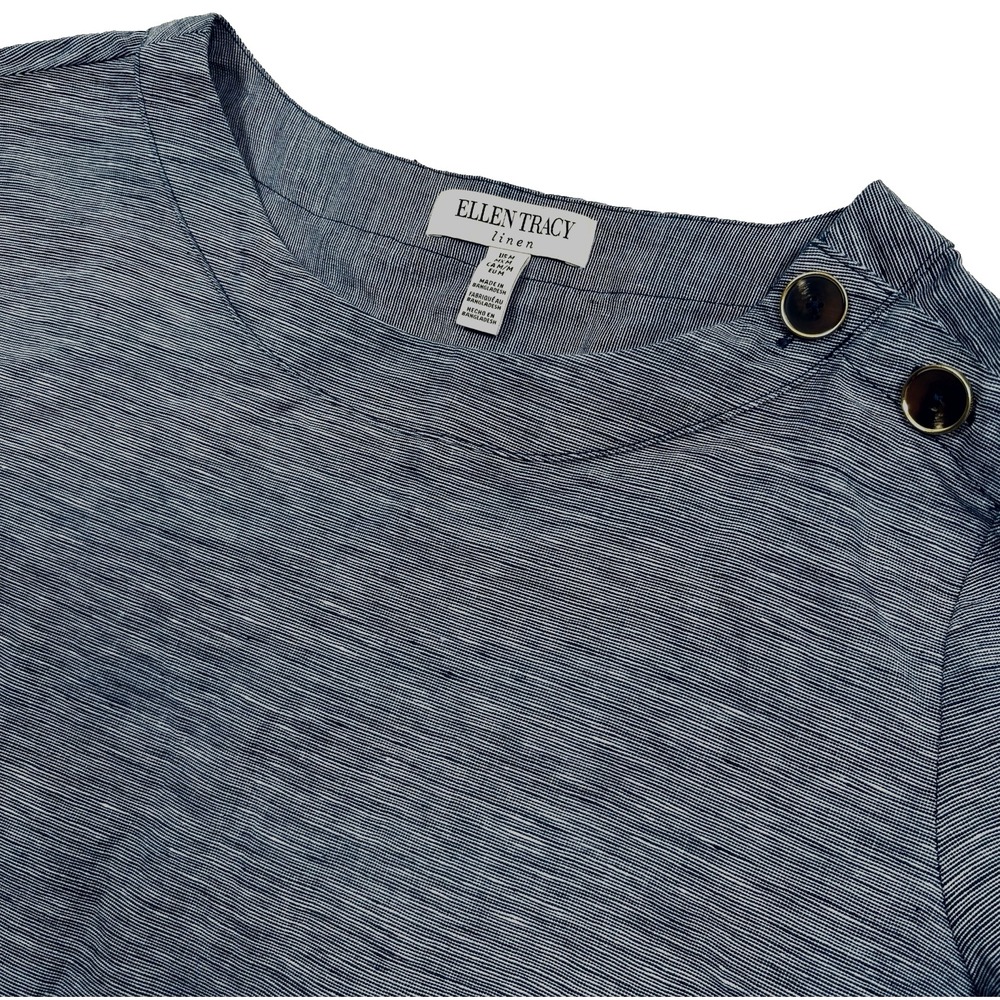 Ellen Tracy Linen Blend Pullover Shirt Blouse Womens Medium Navy Blue 3/4 Sleeve